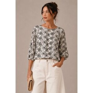 Weill Paris White Black Floral Embroidered Cotton Blouse Keyhole Back Top 147002